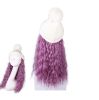 Womens Winter Knit Hat with Synthetic Long Curly Corn Wave Hair Attached, Grey Purple Wig Cap