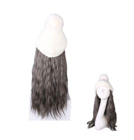 Womens Winter Knit Hat with Synthetic Long Curly Corn Wave Hair Attached, Ombre Grey Wig Cap