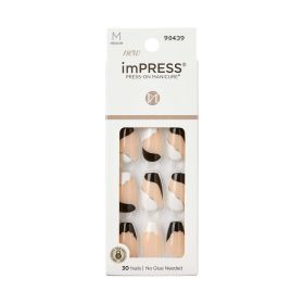 KISS imPRESS Medium Coffin Gel Press-On Nails, Glossy Black & White, 30 Pieces