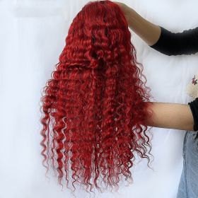 Red Deep Wave Human Hair Wig Real Headgear (Option: Tshaped head cover150-34inch)