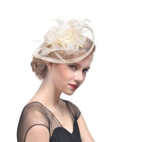 Hemp Yarn Banquet Net Top Hat Bridal Feather Hairpin (Color: Beige)