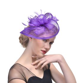 Hemp Yarn Banquet Net Top Hat Bridal Feather Hairpin (Color: Purple)