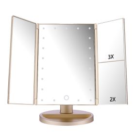 Desktop LED Makeup Three-sided Folding Mirror 2X3X Magnifying Makeup Mirror Dressing Table Mirror Three-fold Mirror With Light (Color: champagne gold)