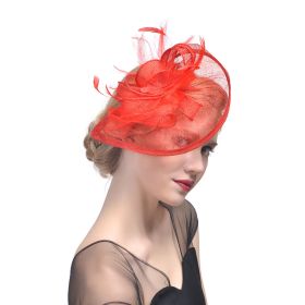 Hemp Yarn Banquet Net Top Hat Bridal Feather Hairpin (Color: Red)