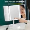 360¬∞ Adjust Foldable Makeup Mirror With LED Light Rechargeable Wireless 1-3X Magnifying 3 Tone Light Desktop Vanity Mirror Table