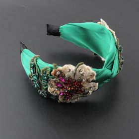 Fabric Wide-brimmed Fabric Diamond-embedded Flower Headband (Color: Green)